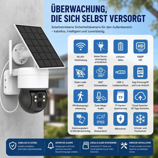 ☀️ Solar Überwachungskamera Außen 📷 Kabellose WLAN Kamera mit Niedrigem Stromverbrauch – Für Haus, Garten & Hof