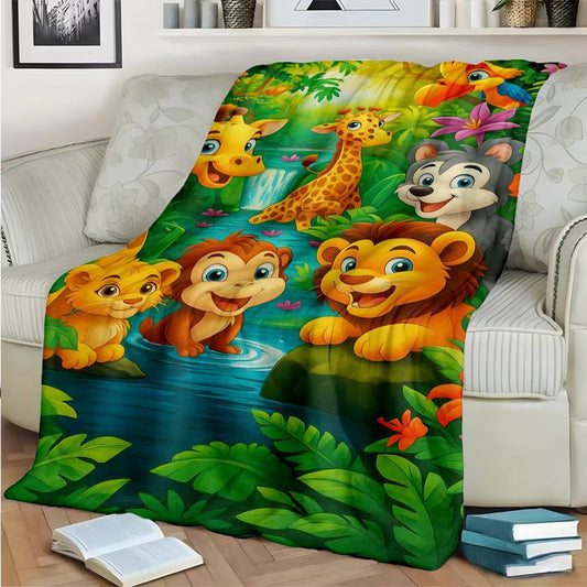 Kuschelige Flanell­decke mit Cartoon-Dschungelmotiv