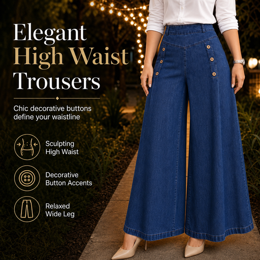 High Waisted Wide Leg Stretch Denim Jeans with Decorative Buttons
